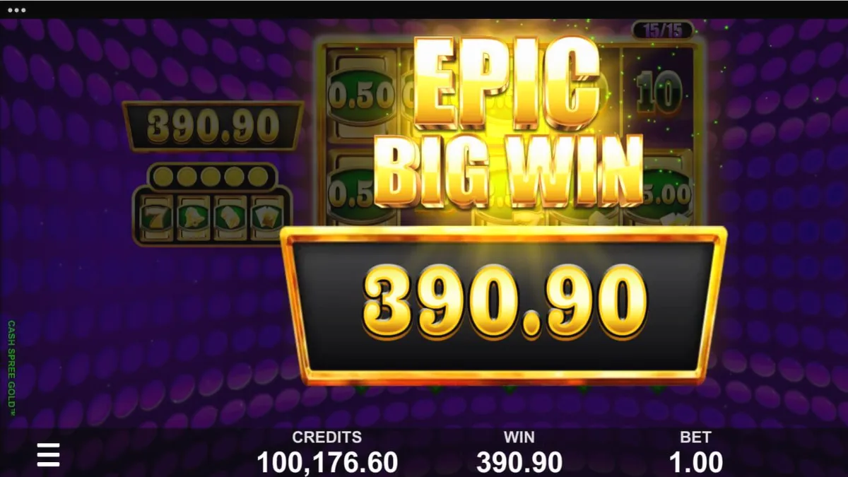 Cash Spree Gold slot machine interface na may gintong tema at mga kumikinang na simbolo