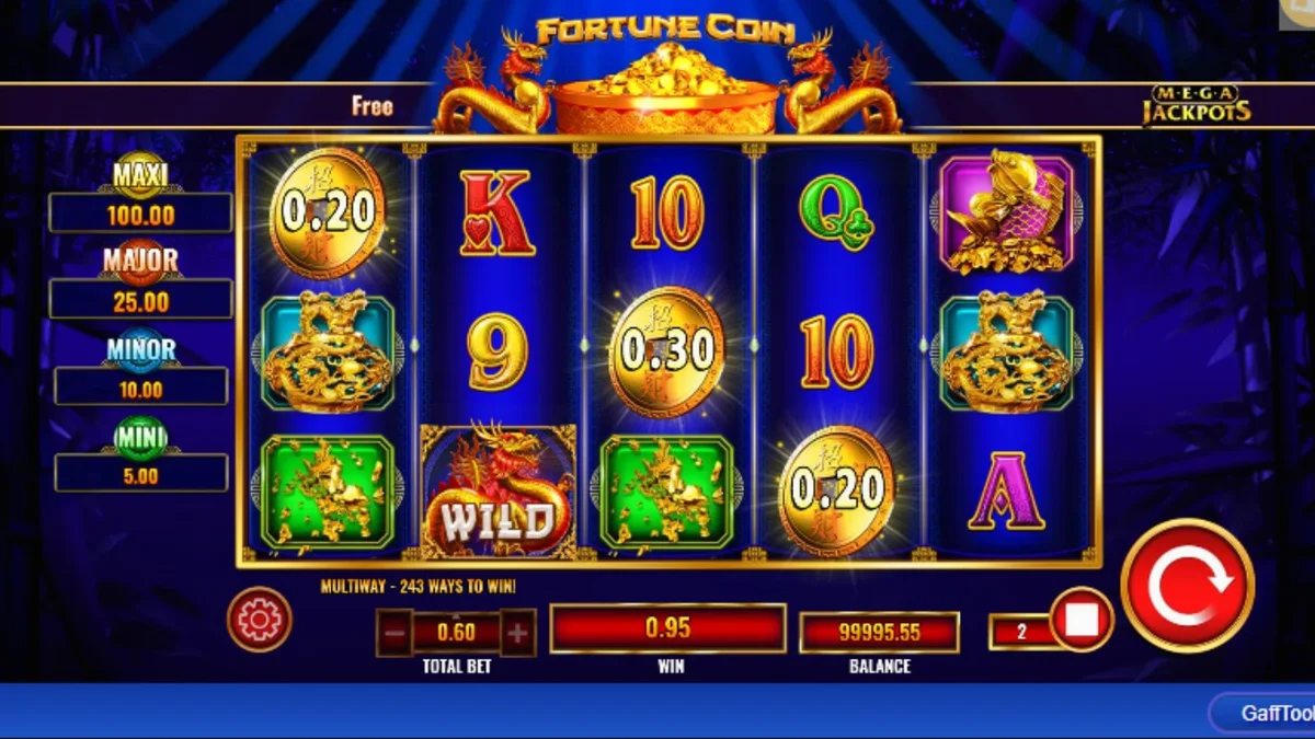 Isang marangyang disenyo ng Fortune Coin Mega Jackpot slot na may mga gintong barya at dragon.