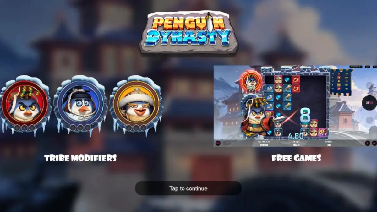 Ang makulay na grid ng Penguin Dynasty slot na may mga penguin warriors.